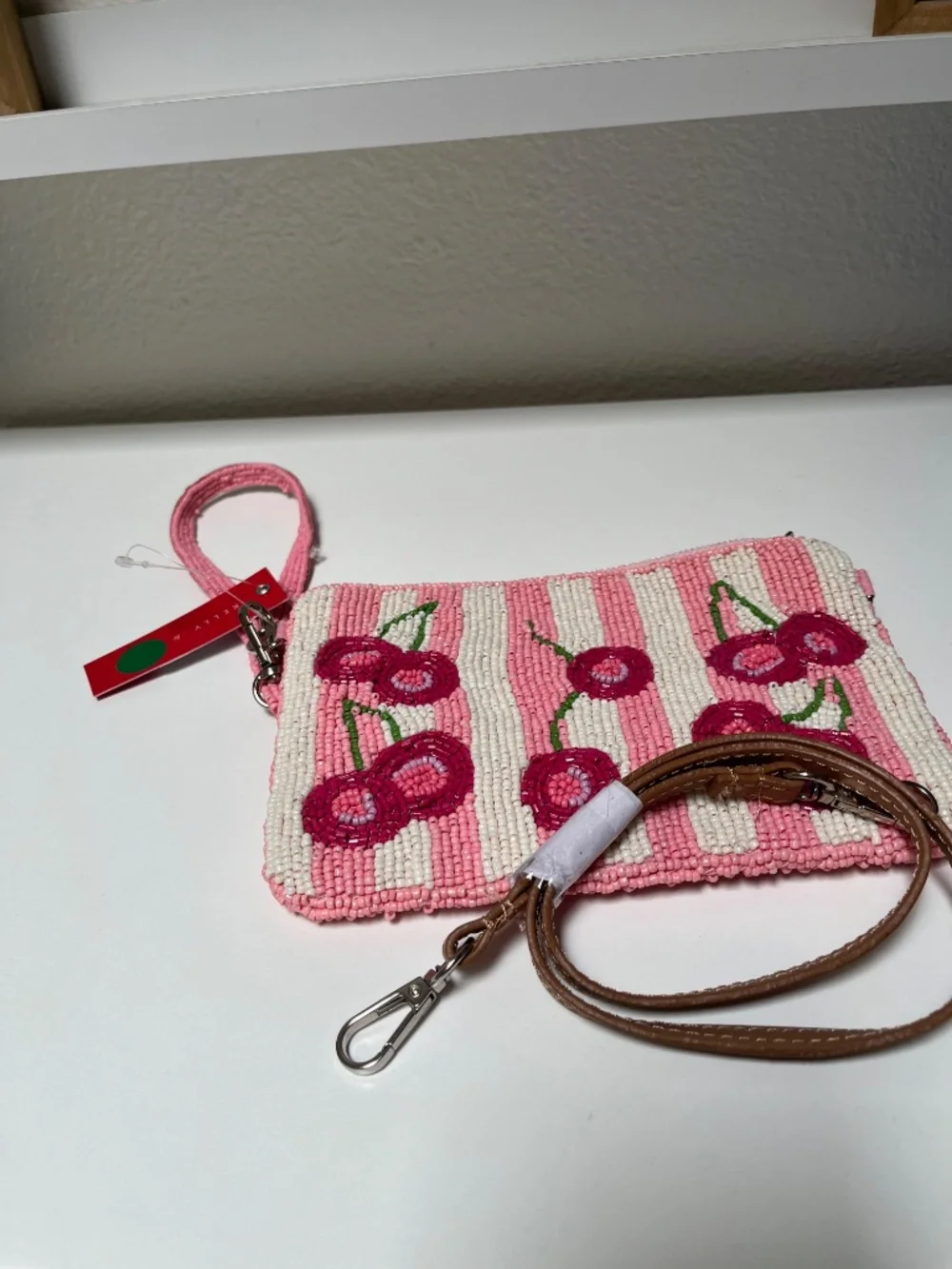 Kelly & Katie Beaded Cherry Wristlet Crossbody Bag – Pink & White